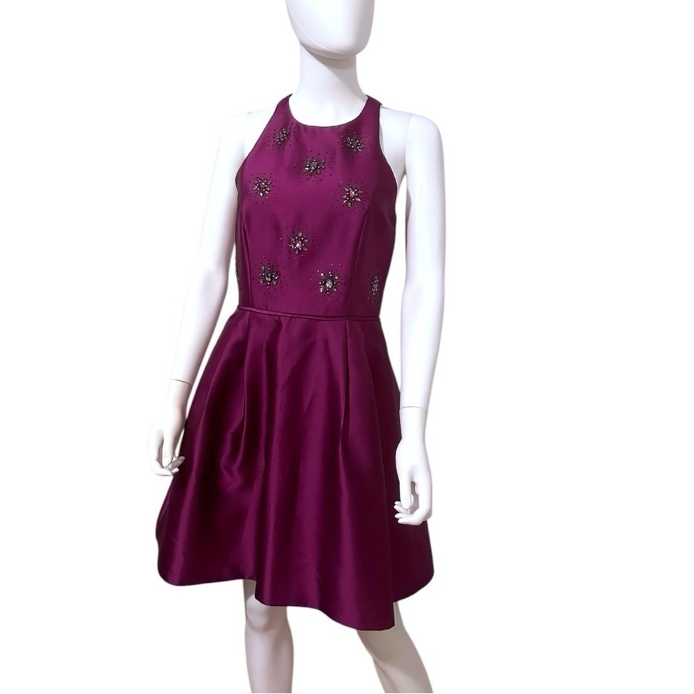 Adrianna Papell Embellished Satin Fit & Flare Dress Size 8 - Rich Plum - Picture 1 of 5